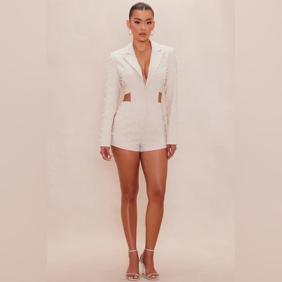 Fashion Nova Pants - Fashion Nova Pearl Embellished White Jumpsuit